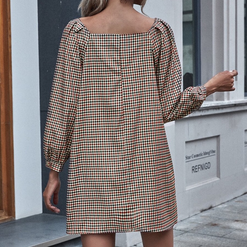 plaid long wide sleeve fall classic mini dress - Picture 4 of 5